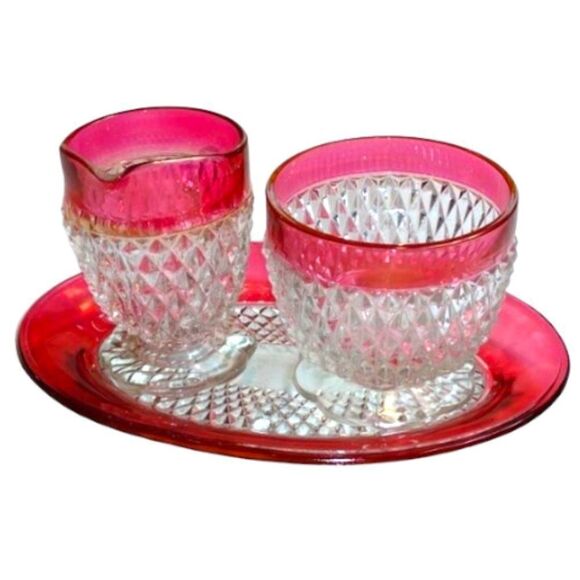 Vintage Indiana Glass Cranberry Rimmed Creamer Sugar Bowl & Underplate - Picture 1 of 10
